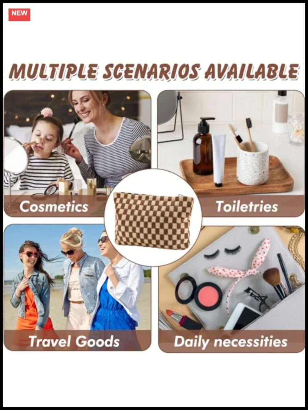 Knitted Fabric Checkered Cosmetic Bag Large Capacity Travel Toiletry Organizer